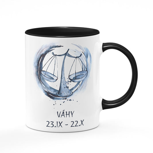 Keramický hrnek bílý s černým lemem vnitřkem a uchem motiv Váhy