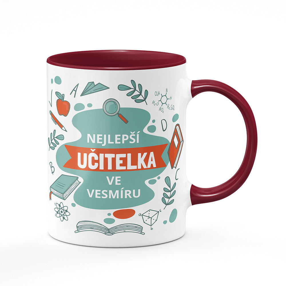 Keramický hrnek bílý s bordó vínovým lemem vnitřkem a uchem motiv Nejlepší učitelka ve vesmíru