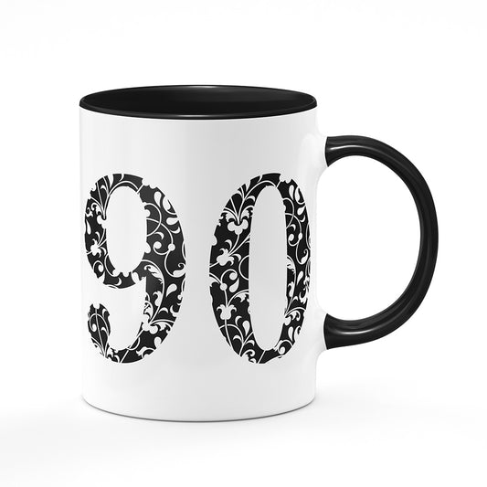 Keramický hrnek bílý s černým lemem vnitřkem a uchem motiv Věk 90