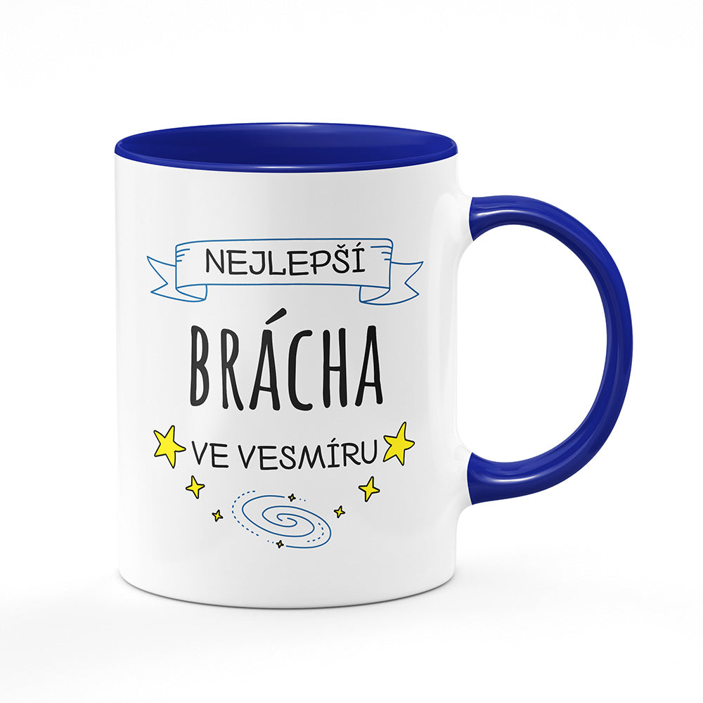 Keramický hrnek bílý s modrým lemem vnitřkem a uchem motiv Nejlepší brácha ve vesmíru