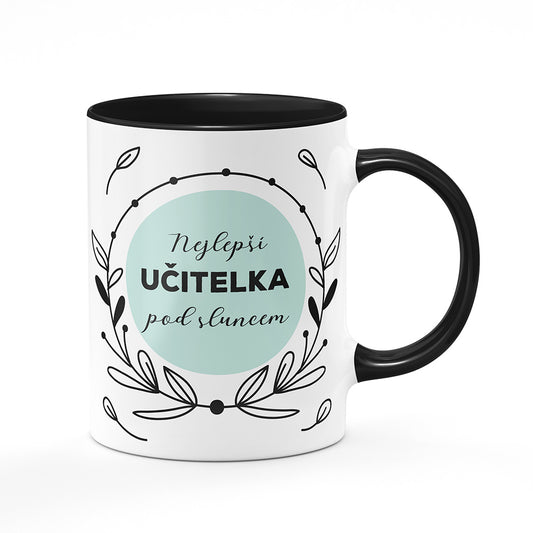 Keramický hrnek bílý s černým lemem vnitřkem a uchem motiv Nejlepší učitelka pod sluncem