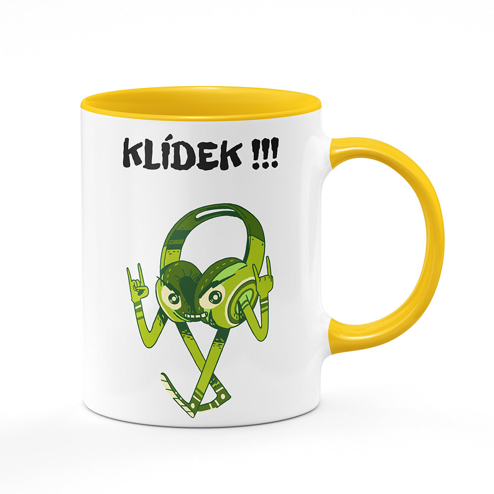 Keramický hrnek bílý s žlutým lemem vnitřkem a uchem motiv Hudební maniak
