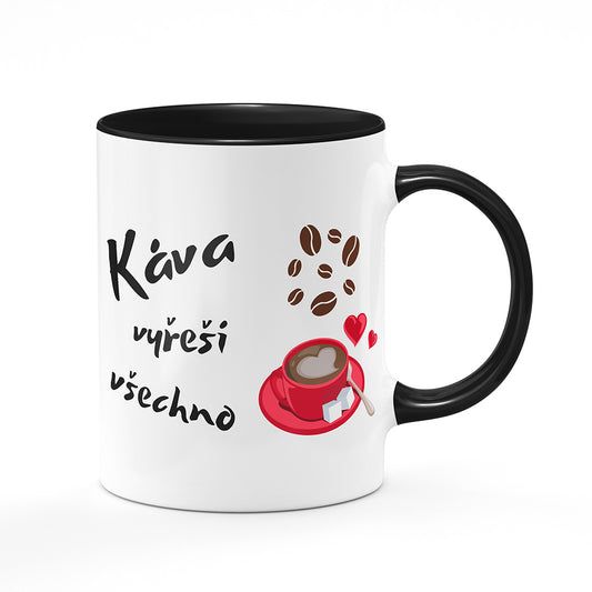 Keramický hrnek bílý s černým lemem vnitřkem a uchem motiv Káva vyřeší všechno