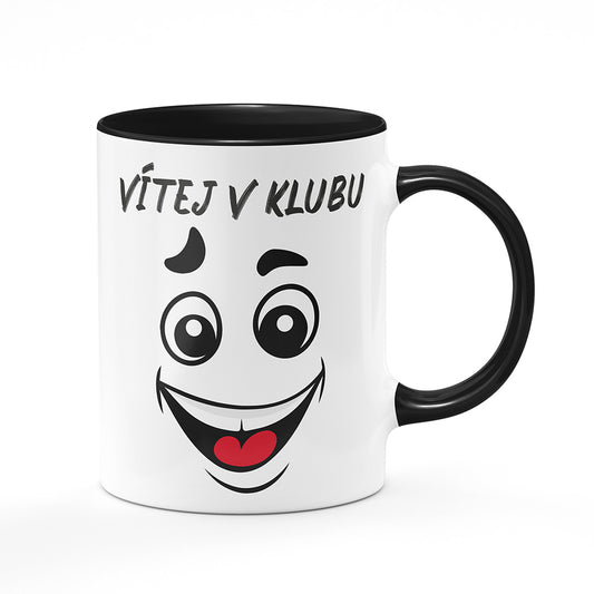 Keramický hrnek bílý s černým lemem vnitřkem a uchem motiv Vítej v klubu