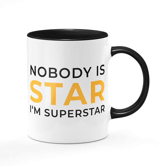 Keramický hrnek bílý s černým lemem vnitřkem a uchem motiv Nobody is star. I'm superstar.