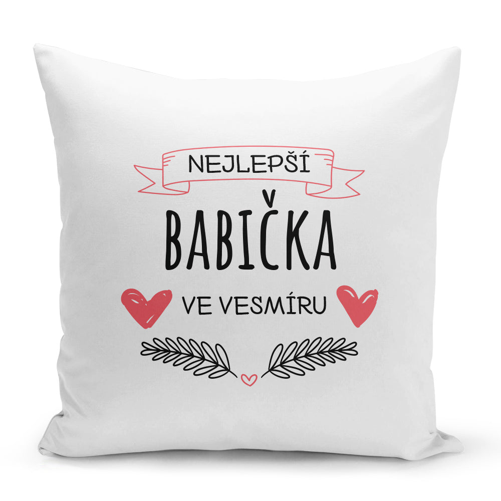 Bílý polštář 40 x 40 cm s motivem Nejlepší babička ve vesmíru