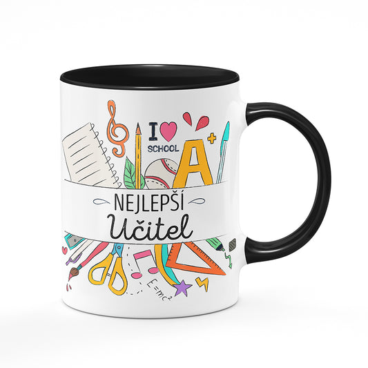 Keramický hrnek bílý s černým lemem vnitřkem a uchem motiv Nejlepší učitel