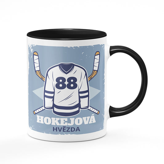 Keramický hrnek bílý s černým lemem vnitřkem a uchem motiv Hokejová hvězda