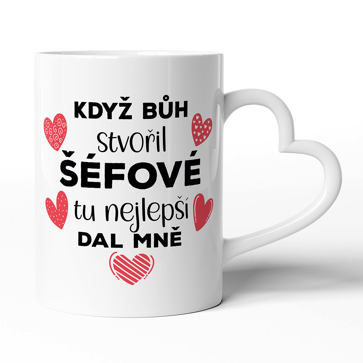 Keramický hrníček s uchem ve tvaru srdce motiv Když bůh stvořil šéfové