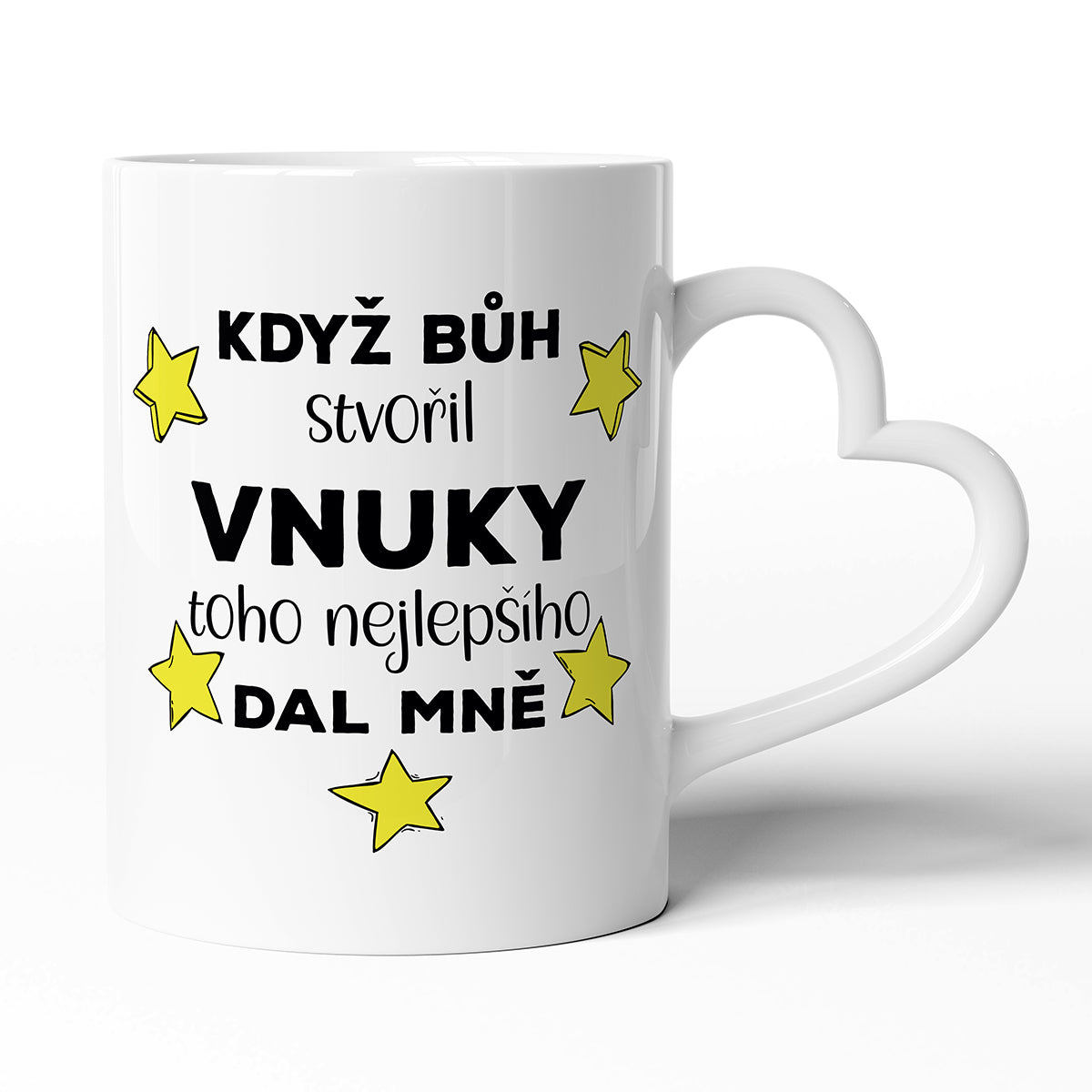 Keramický hrníček s uchem ve tvaru srdce motiv Když bůh stvořil vnuky