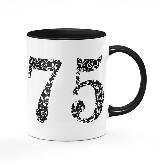 Keramický hrnek bílý s černým lemem vnitřkem a uchem motiv Věk 75