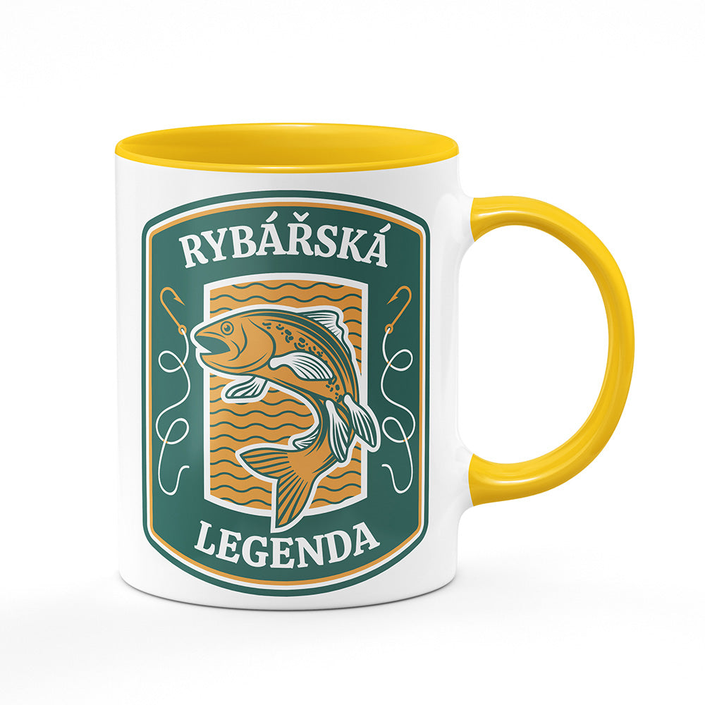 Keramický hrnek bílý s žlutým lemem vnitřkem a uchem motiv Rybářská legenda
