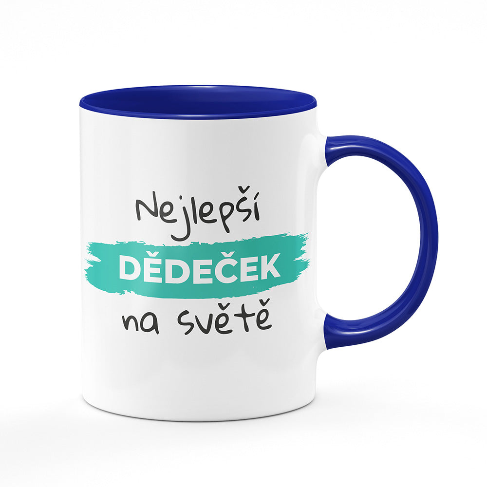 Keramický hrnek bílý s modrým lemem vnitřkem a uchem motiv Nejlepší dědeček na světě