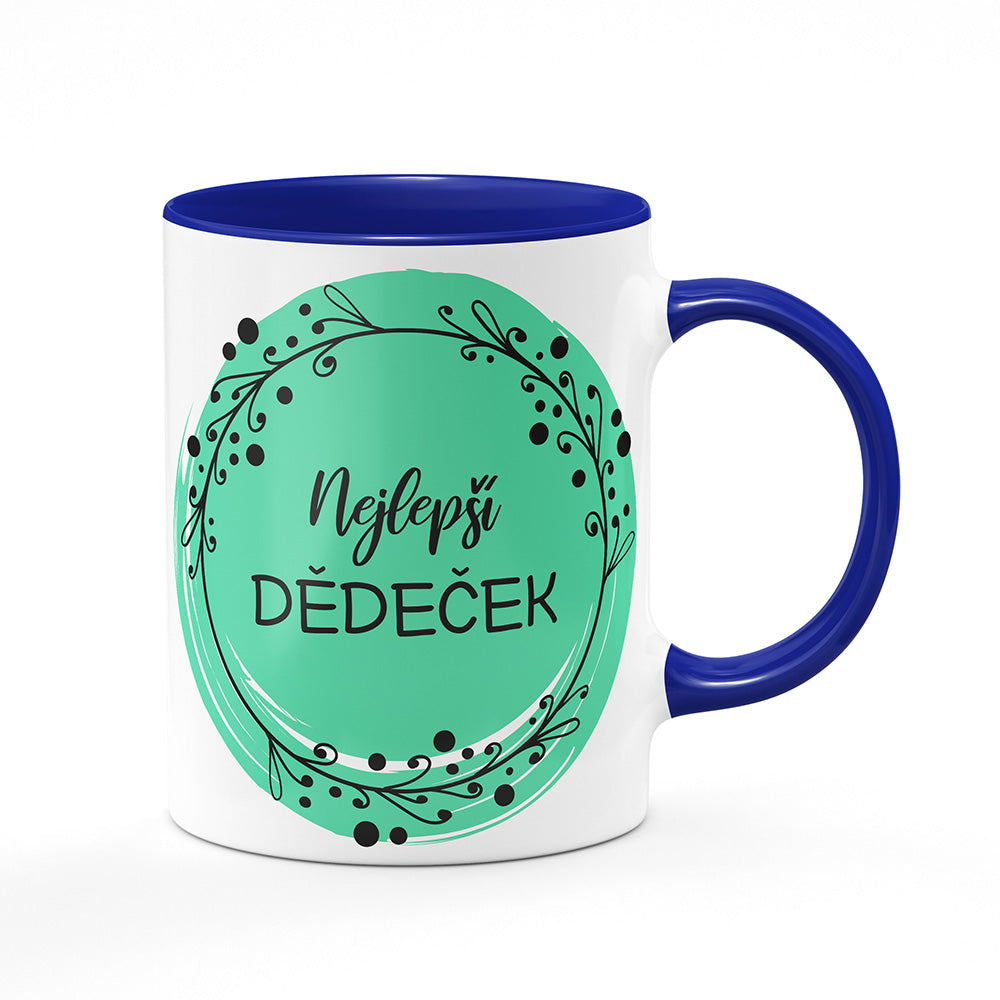 Keramický hrnek bílý s modrým lemem vnitřkem a uchem motiv Nejlepší dědeček