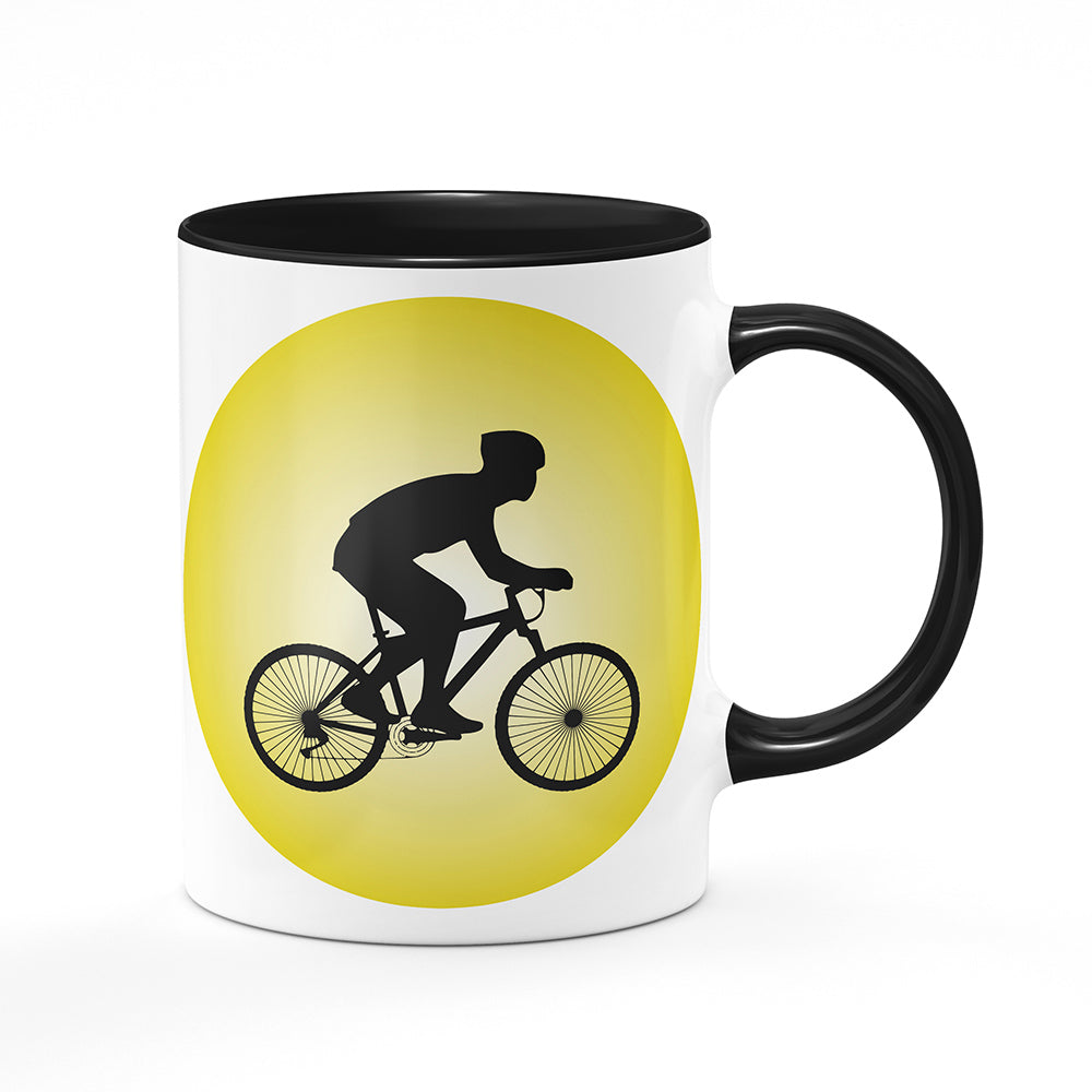 Keramický hrnek bílý s černým lemem vnitřkem a uchem motiv Cyklista