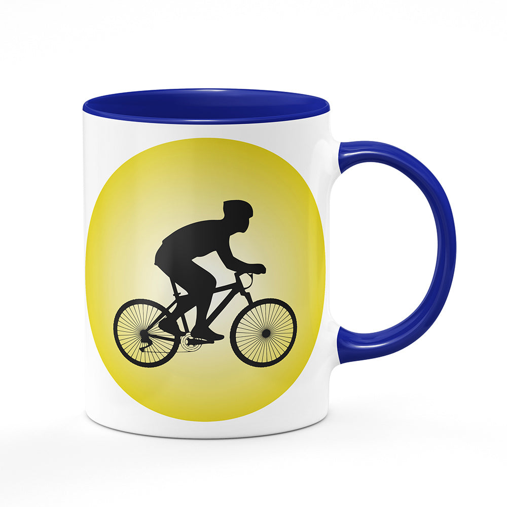 Keramický hrnek bílý s modrým lemem vnitřkem a uchem motiv Cyklista
