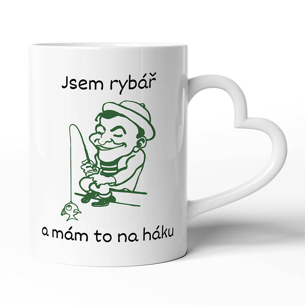 Keramický hrníček s uchem ve tvaru srdce motiv Jsem rybář a mám to na háku