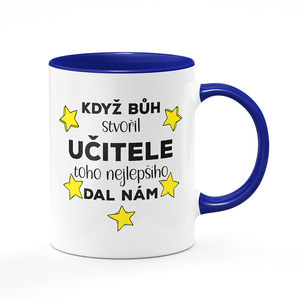 Keramický hrnek bílý s modrým lemem vnitřkem a uchem motiv Když bůh stvořil učitele