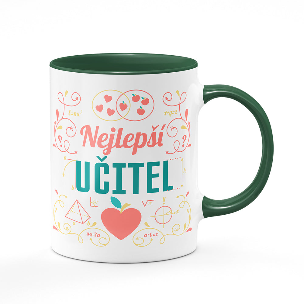 Keramický hrnek bílý s zeleným lemem vnitřkem a uchem motiv Nejlepší učitel