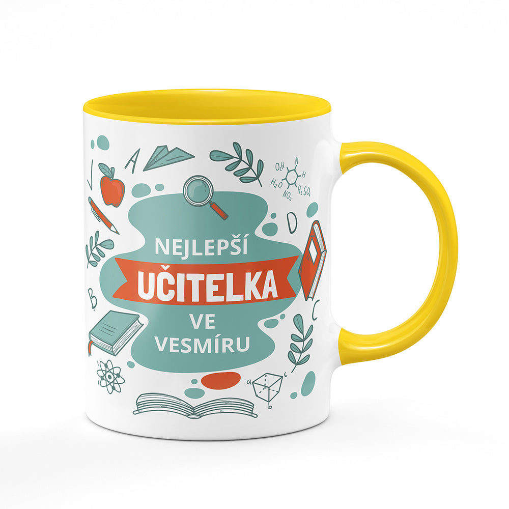 Keramický hrnek bílý s žlutým lemem vnitřkem a uchem motiv Nejlepší učitelka ve vesmíru