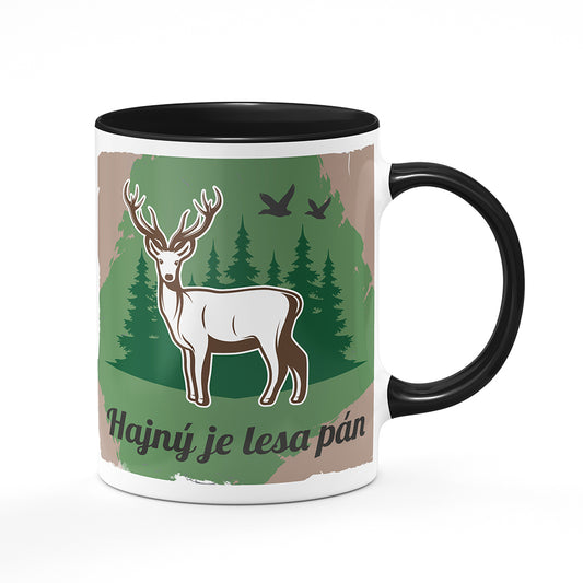 Keramický hrnek bílý s černým lemem vnitřkem a uchem motiv Hajný je lesa pán