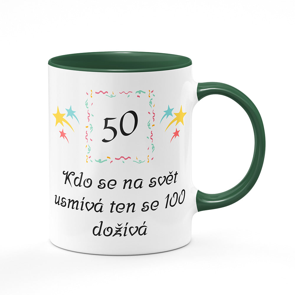 Keramický hrnek bílý s zeleným lemem vnitřkem a uchem motiv Kdo se na svět usmívá…
