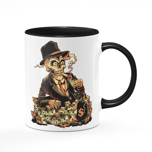 Keramický hrnek bílý s černým lemem vnitřkem a uchem motiv Money, money, money…