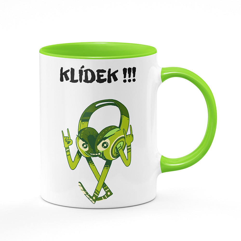 Keramický hrnek bílý s světle zeleným lemem vnitřkem a uchem motiv Hudební maniak