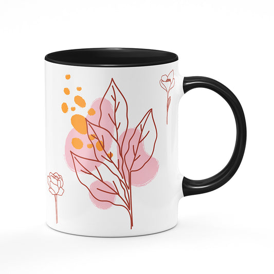 Keramický hrnek bílý s černým lemem vnitřkem a uchem motiv Květinový motiv