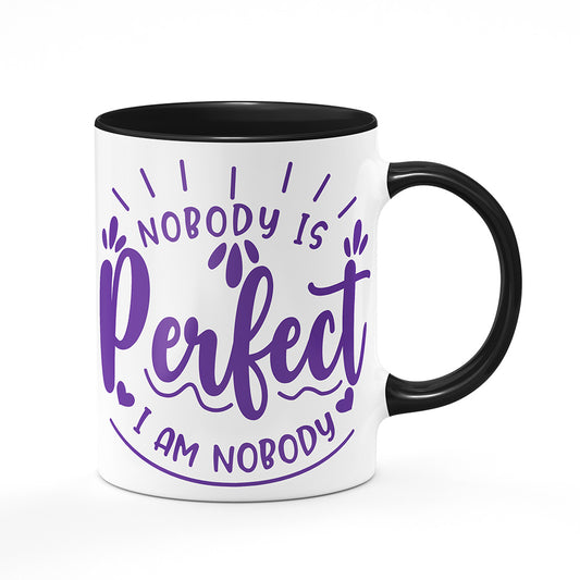 Keramický hrnek bílý s černým lemem vnitřkem a uchem motiv Nobody is perfect. I'm nobody.