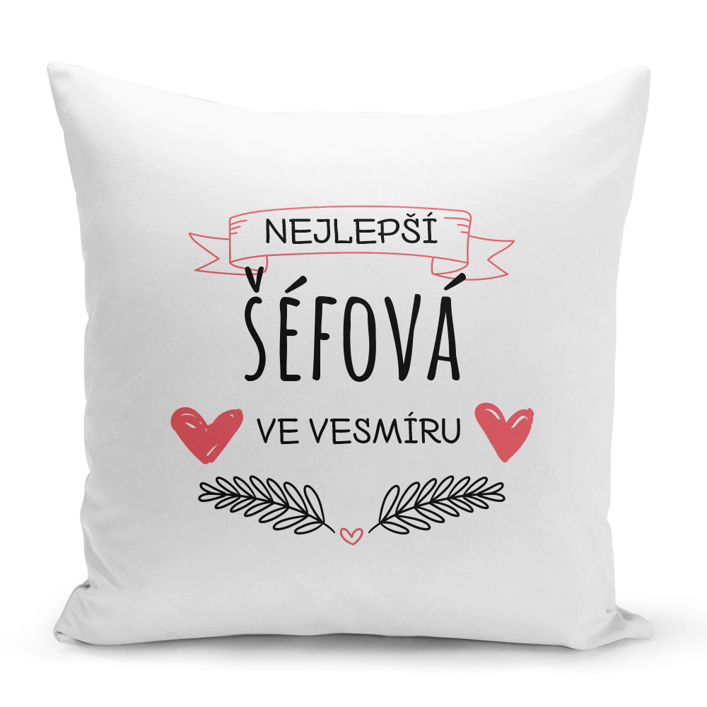 Bílý polštář 40 x 40 cm s motivem Nejlepší šéfová ve vesmíru