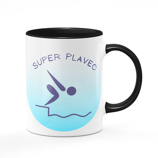 Keramický hrnek bílý s černým lemem vnitřkem a uchem motiv Super plavec