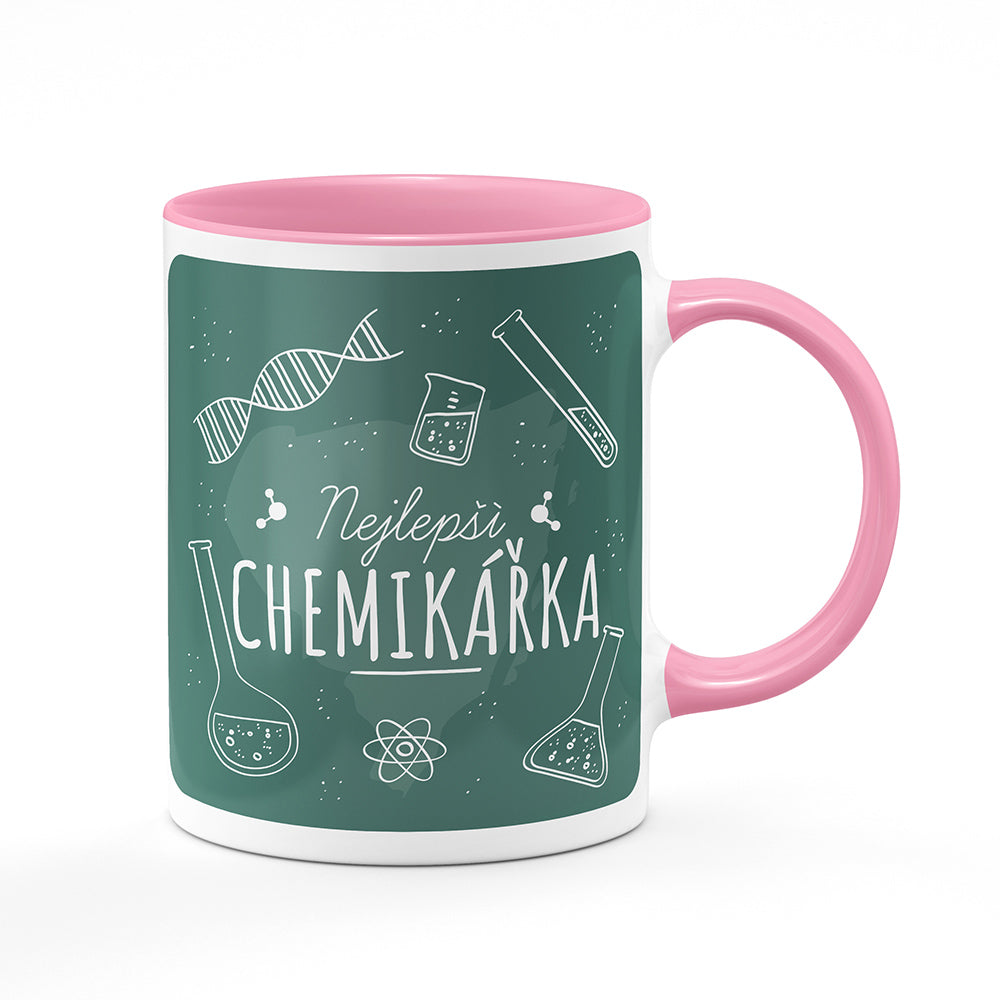 Keramický hrnek bílý s růžovým lemem vnitřkem a uchem motiv Nejlepší chemikářka
