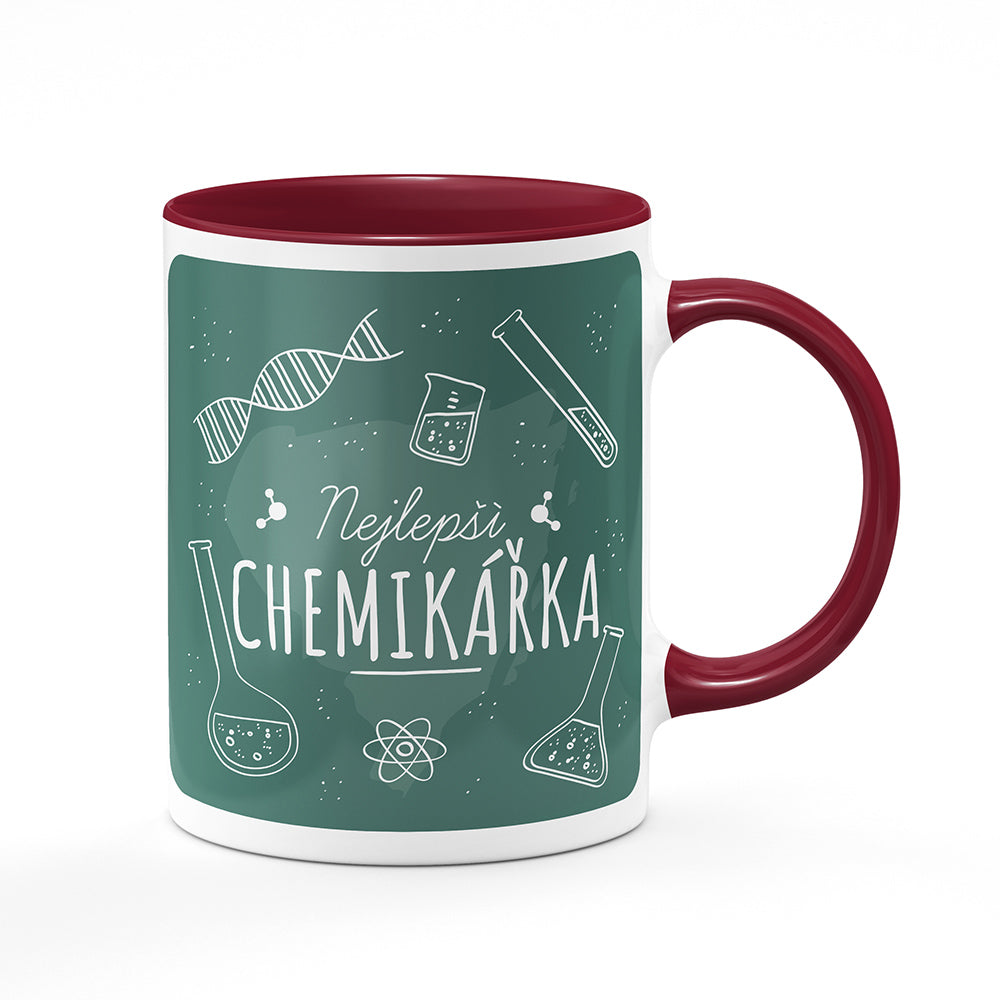 Keramický hrnek bílý s bordó vínovým lemem vnitřkem a uchem motiv Nejlepší chemikářka