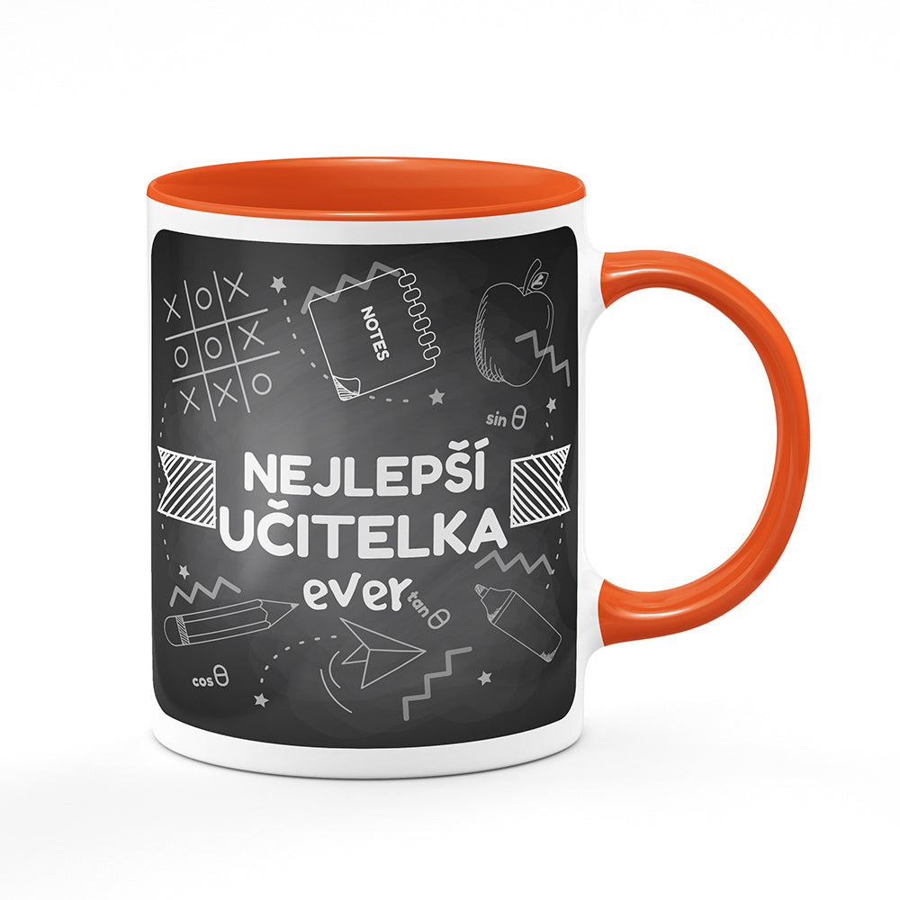 Keramický hrnek bílý s oranžovým lemem vnitřkem a uchem motiv Nejlepší učitelka ever