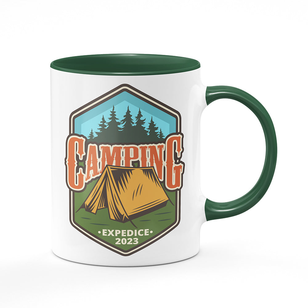 Keramický hrnek bílý s zeleným lemem vnitřkem a uchem motiv Camping