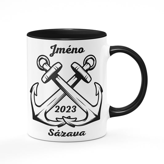 Keramický hrnek bílý s černým lemem vnitřkem a uchem motiv Kotvy