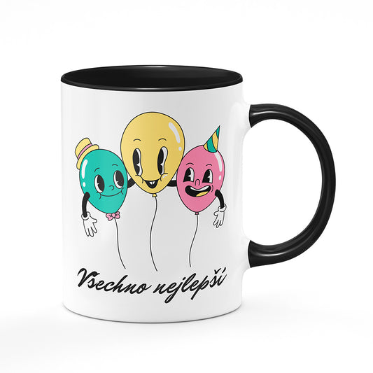 Keramický hrnek bílý s černým lemem vnitřkem a uchem motiv Všechno nejlepší