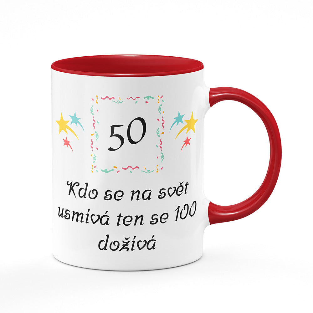 Keramický hrnek bílý s červeným lemem vnitřkem a uchem motiv Kdo se na svět usmívá…