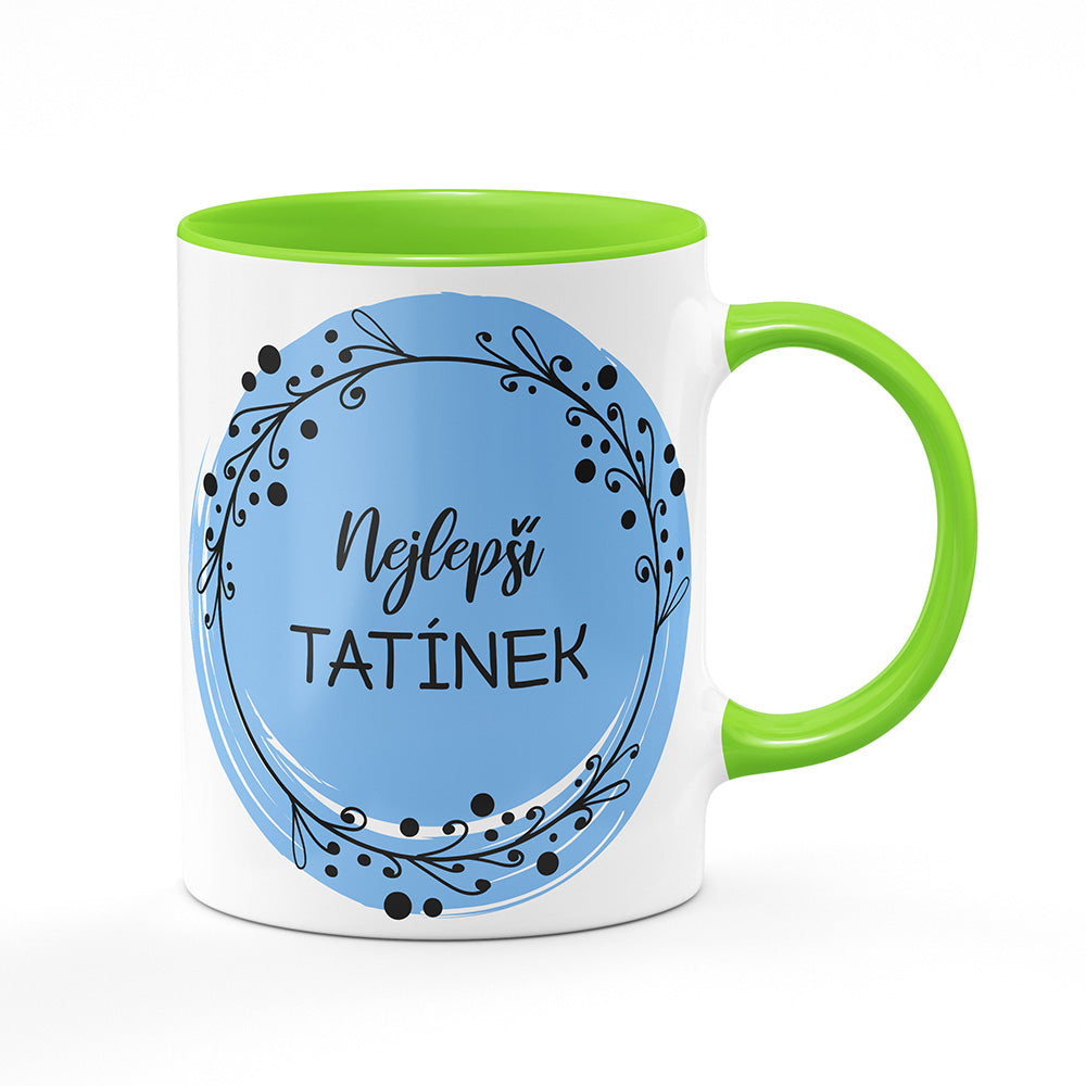Keramický hrnek bílý s světle zeleným lemem vnitřkem a uchem motiv Nejlepší tatínek