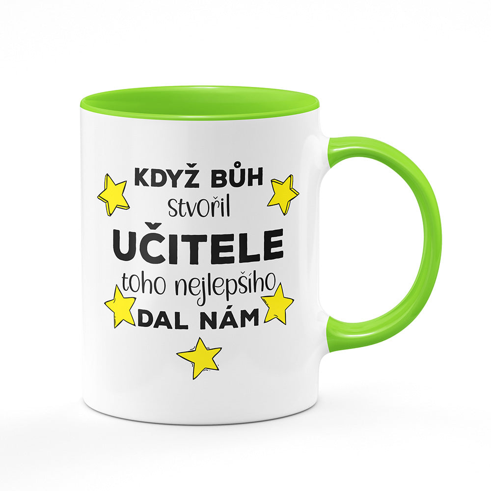 Keramický hrnek bílý s světle zeleným lemem vnitřkem a uchem motiv Když bůh stvořil učitele