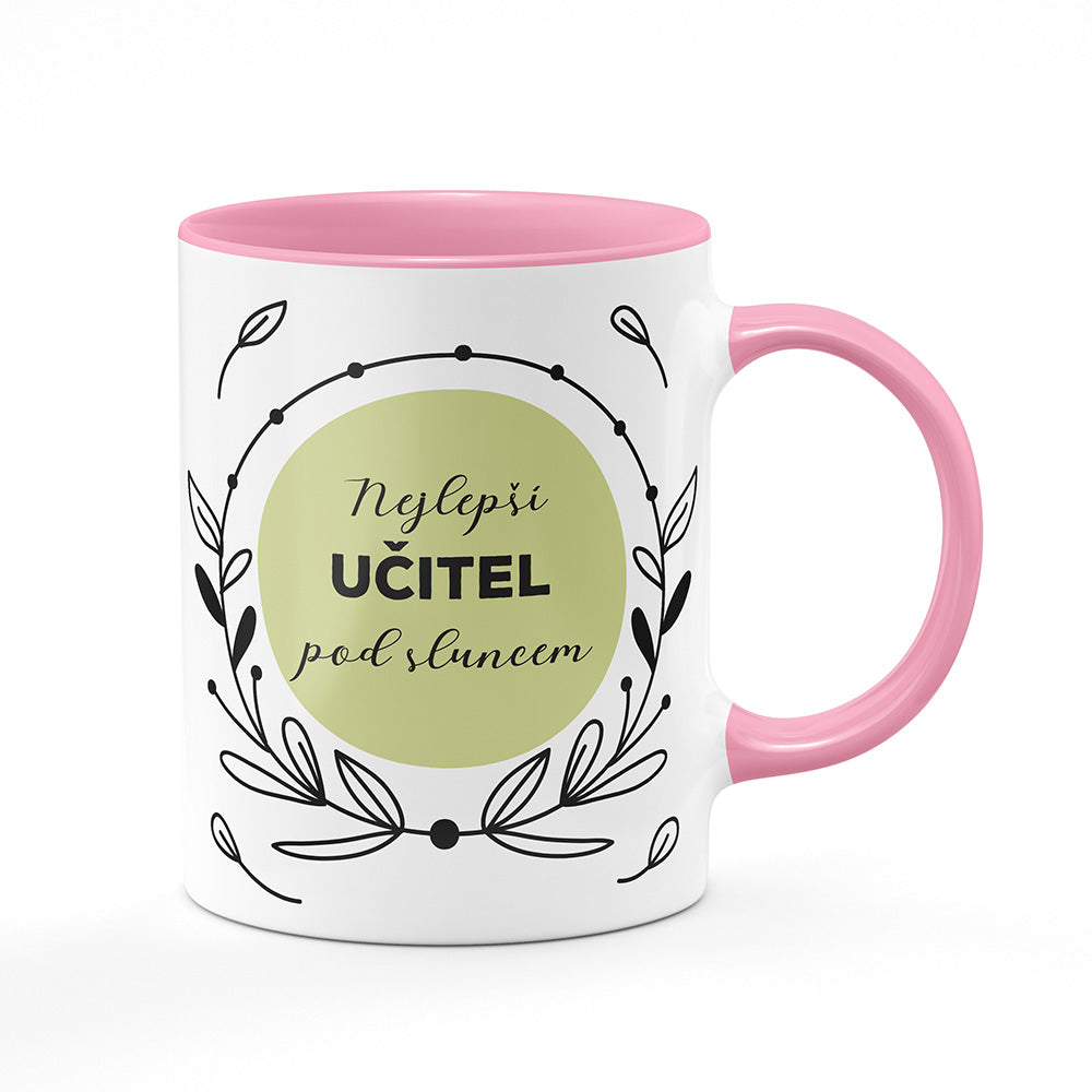 Keramický hrnek bílý s růžovým lemem vnitřkem a uchem motiv Nejlepší učitel pod sluncem
