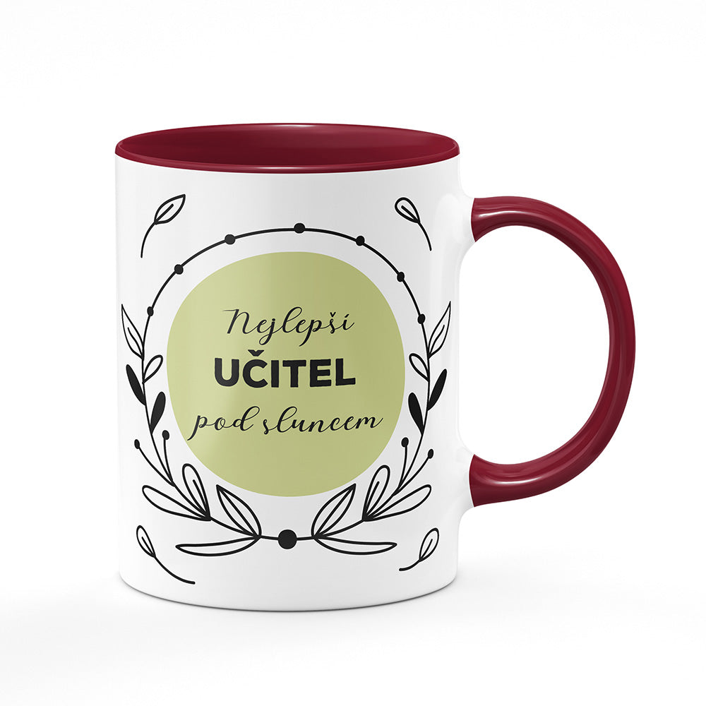 Keramický hrnek bílý s bordó vínovým lemem vnitřkem a uchem motiv Nejlepší učitel pod sluncem