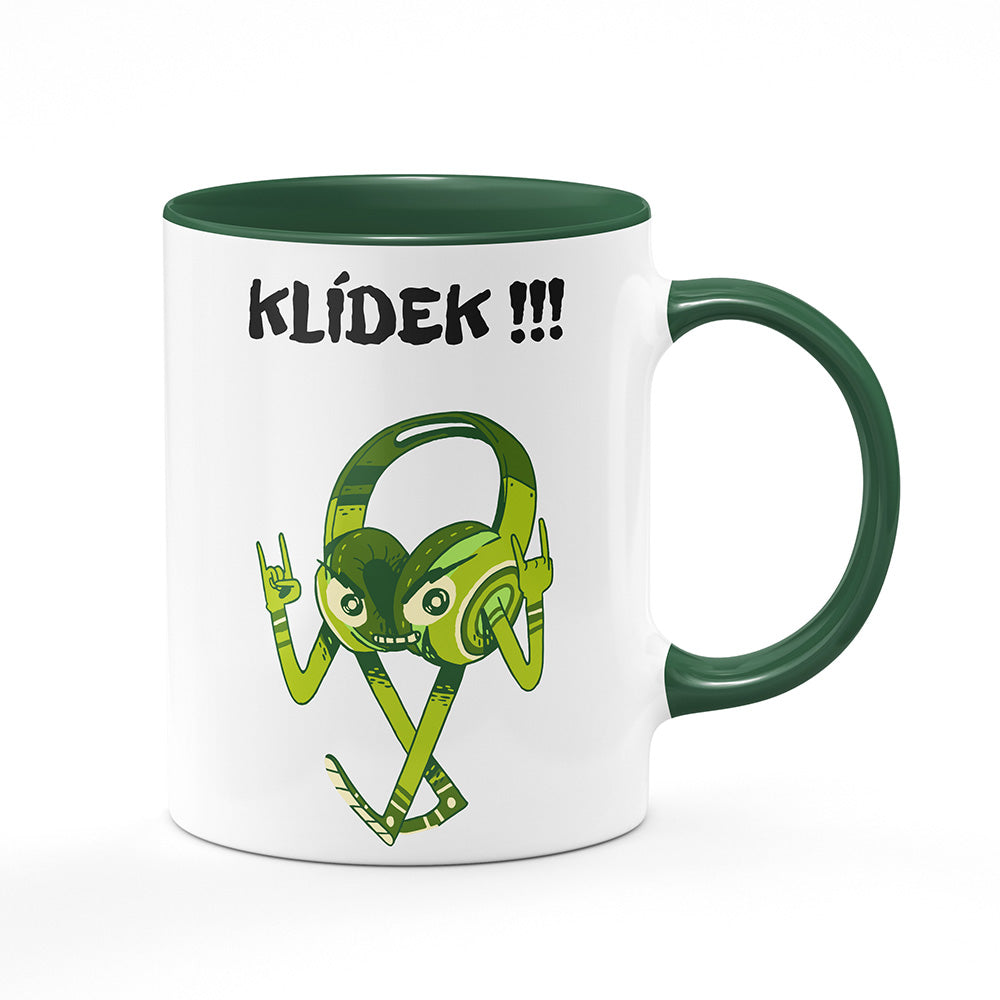 Keramický hrnek bílý s zeleným lemem vnitřkem a uchem motiv Hudební maniak