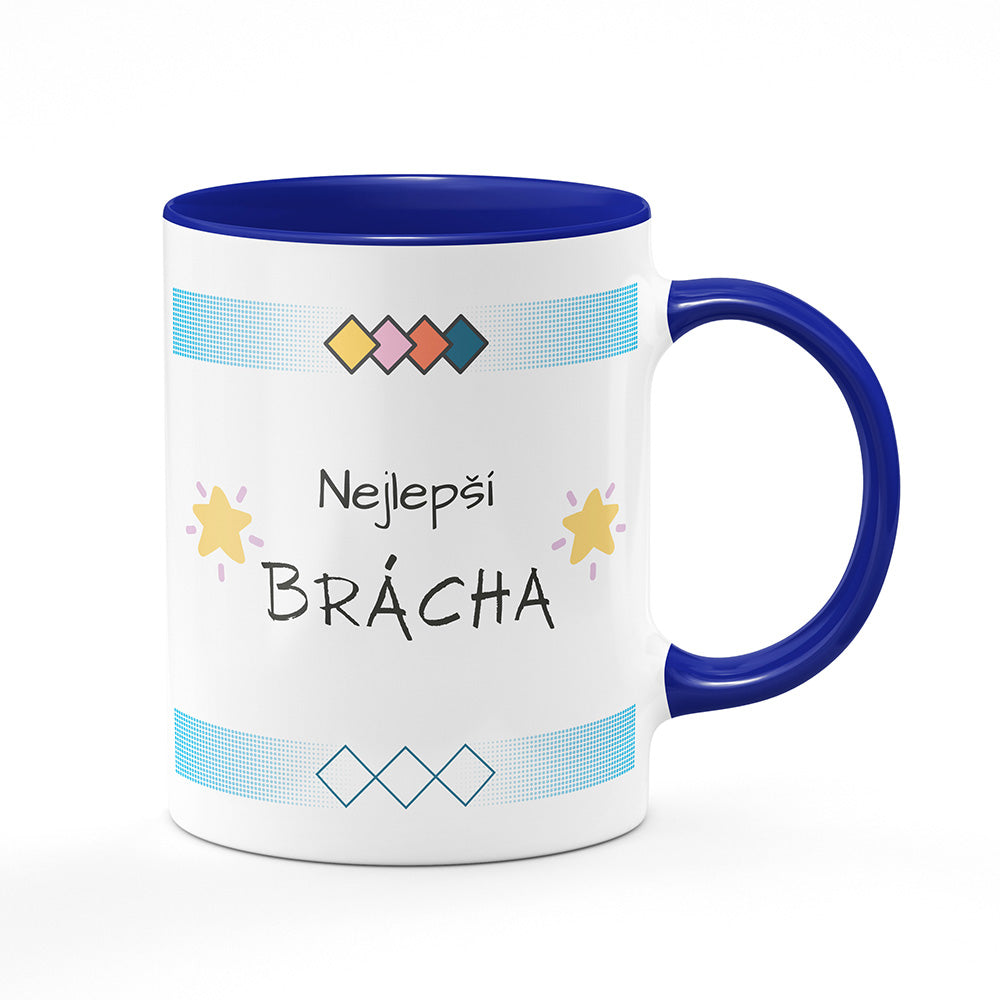 Keramický hrnek bílý s modrým lemem vnitřkem a uchem motiv Nejlepší brácha