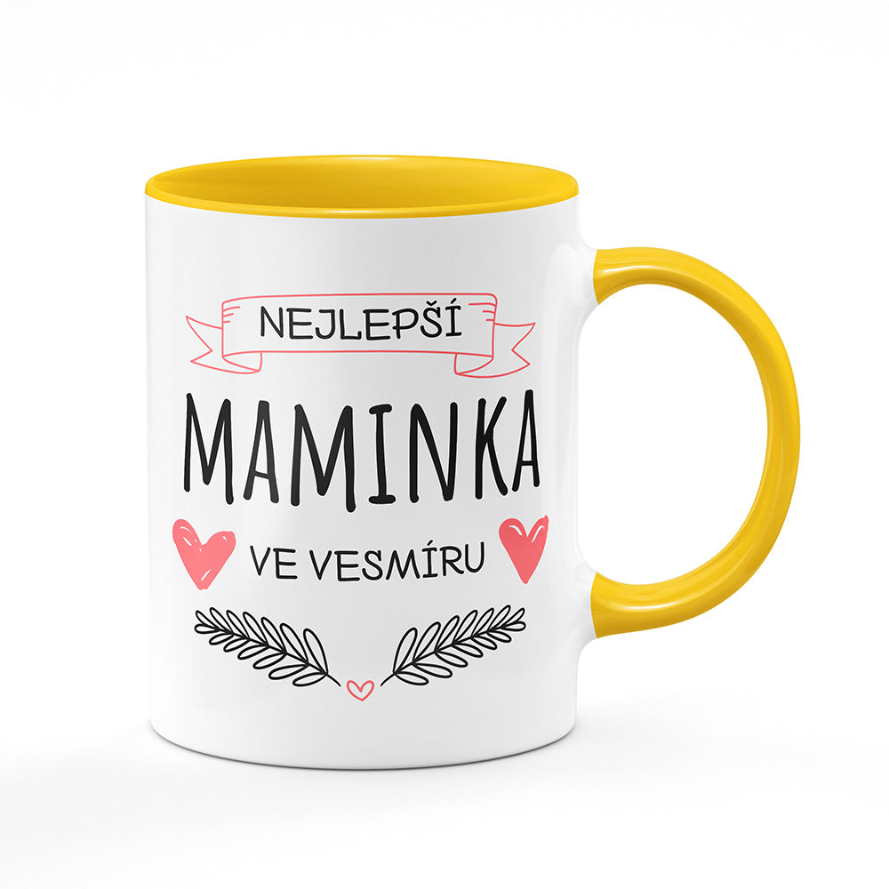 Keramický hrnek bílý s žlutým lemem vnitřkem a uchem motiv Nejlepší maminka ve vesmíru