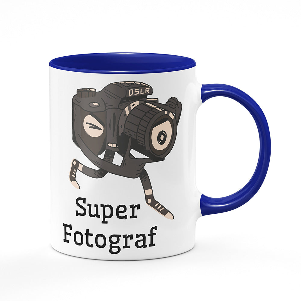 Keramický hrnek bílý s modrým lemem vnitřkem a uchem motiv Super fotograf