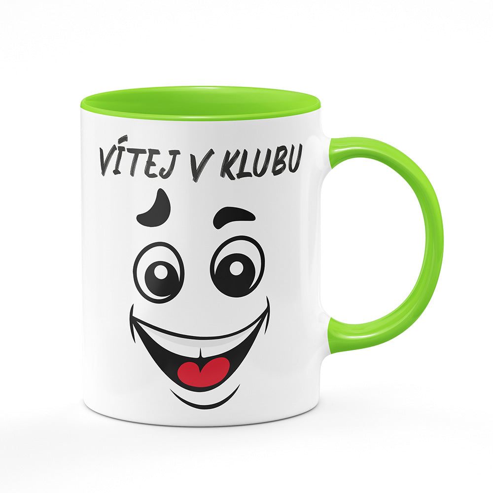 Keramický hrnek bílý s světle zeleným lemem vnitřkem a uchem motiv Vítej v klubu