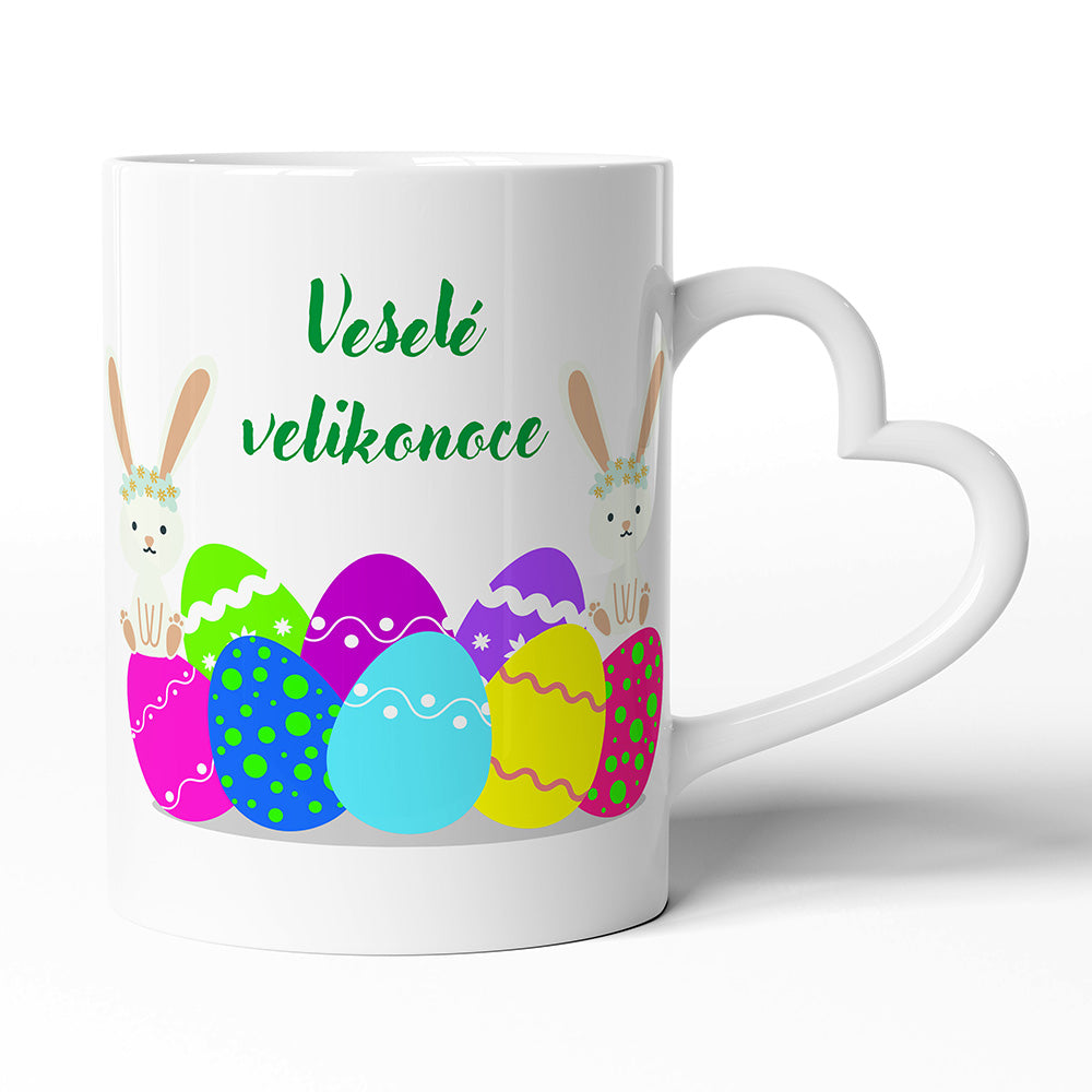 Keramický hrníček s uchem ve tvaru srdce motiv Veselé velikonoce