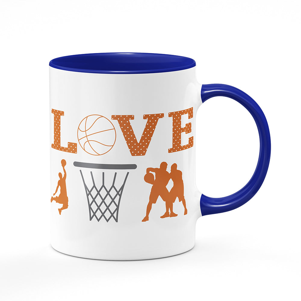 Keramický hrnek bílý s modrým lemem vnitřkem a uchem motiv Basketbal